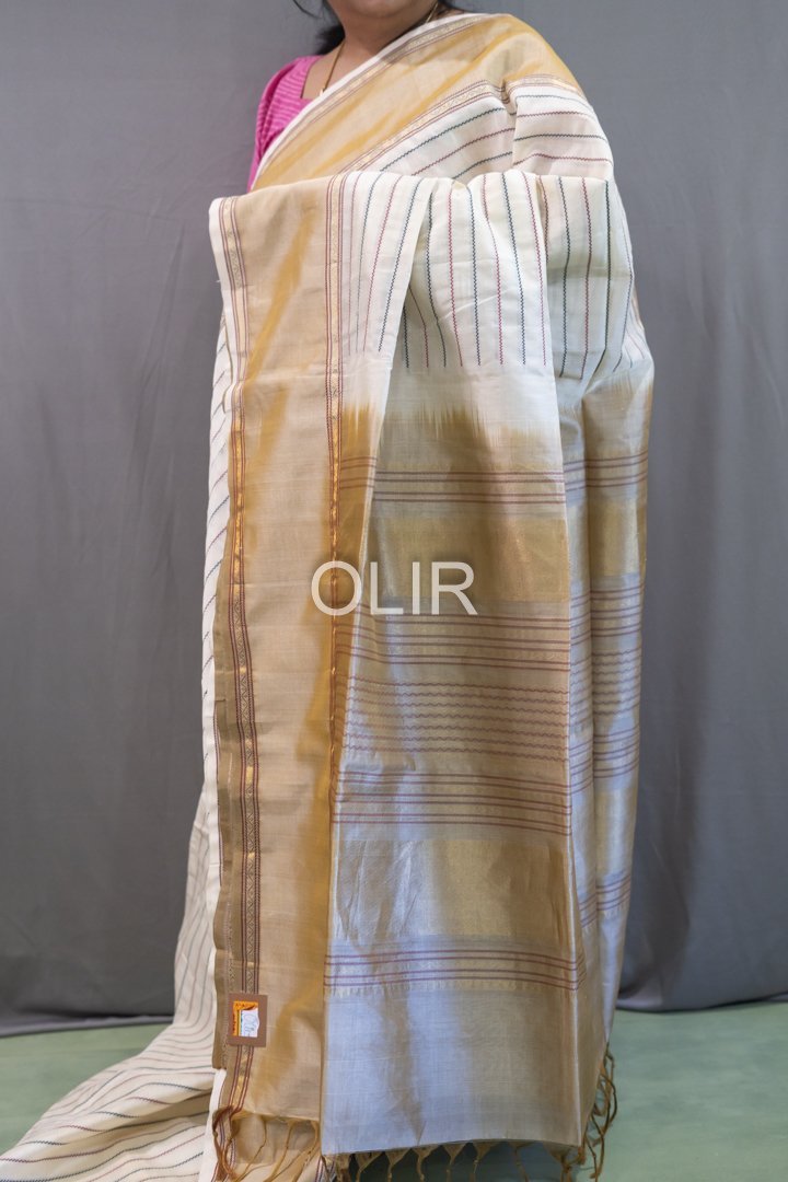 Handwoven Kalakshetra Silk Cotton Saree – Off White & Antique Gold