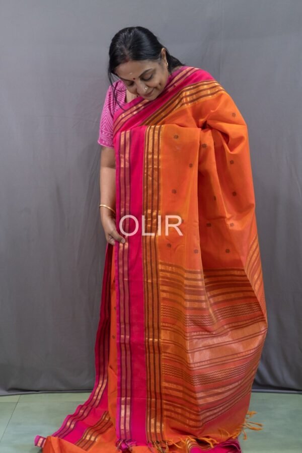 Kalakshetra Silk Cotton Saree – Burnt Orange & Rani Pink