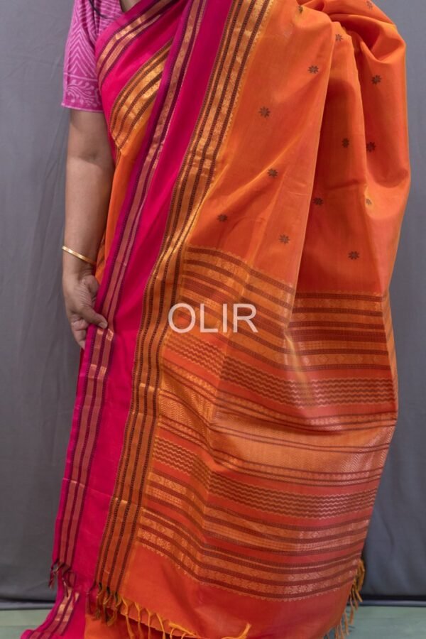 Kalakshetra Silk Cotton Saree – Burnt Orange & Rani Pink