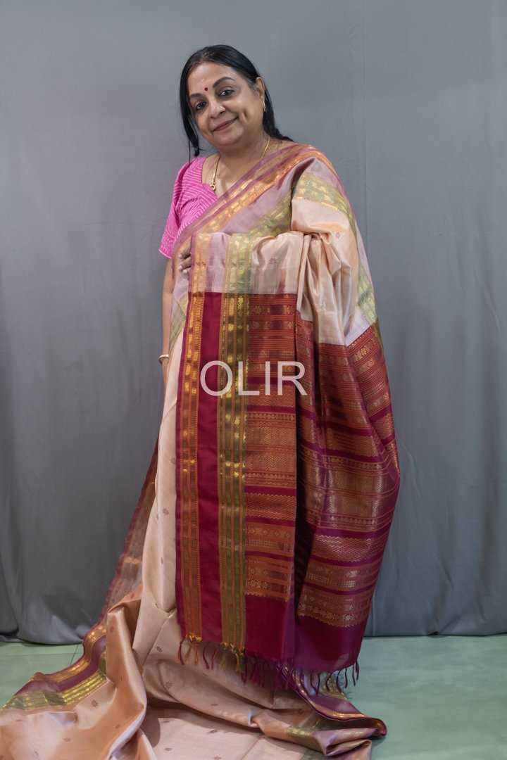 Handwoven Kalakshetra Silk Cotton Saree – Beige Peach & Maroon