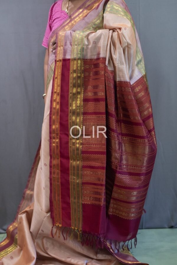 Handwoven Kalakshetra Silk Cotton Saree – Beige Peach & Maroon