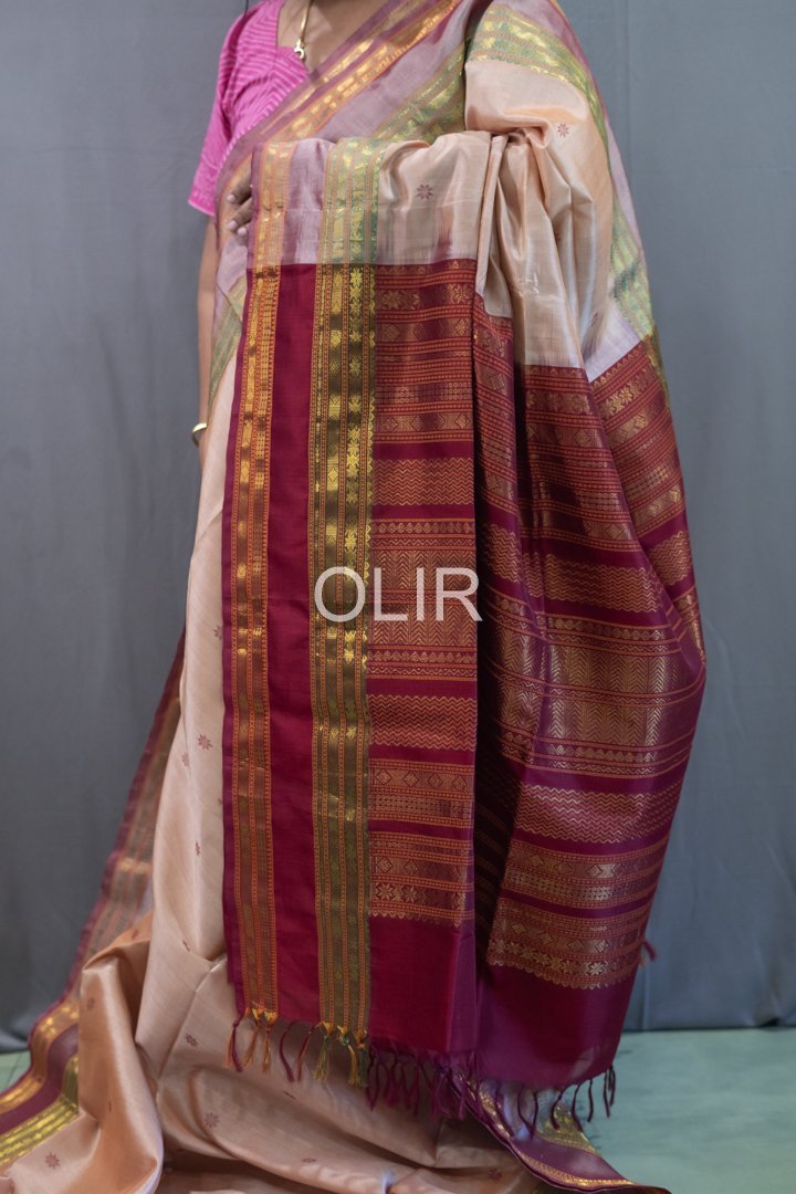 Handwoven Kalakshetra Silk Cotton Saree – Beige Peach & Maroon - Image 2