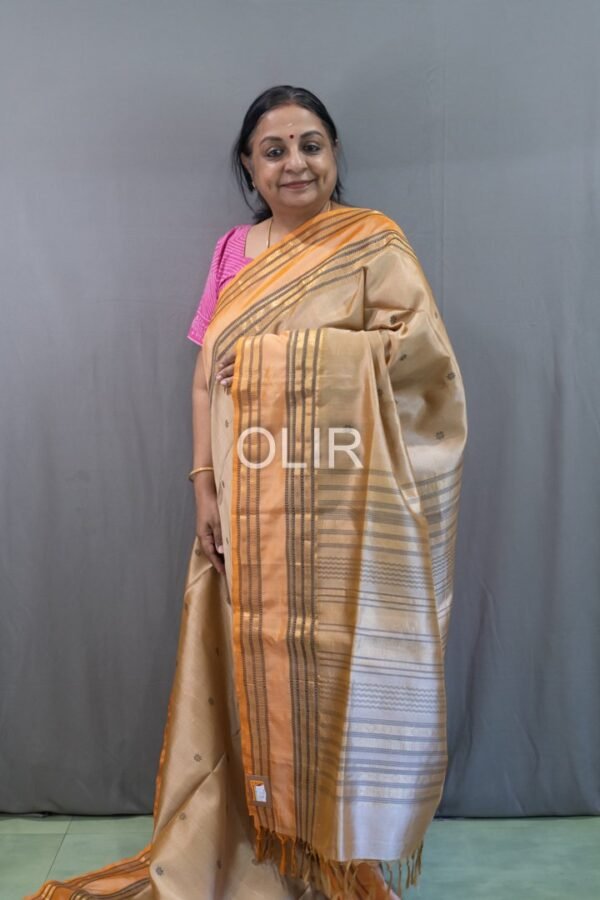 Handwoven Kalakshetra Silk Cotton Saree – Champagne Gold & Peach