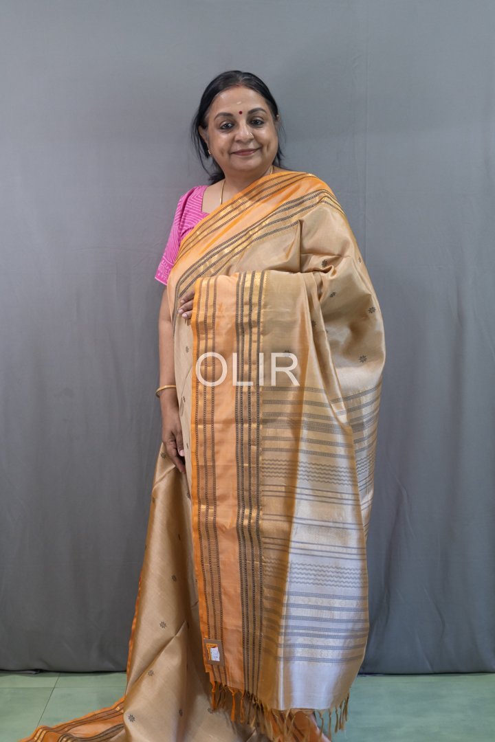 Handwoven Kalakshetra Silk Cotton Saree – Champagne Gold & Peach