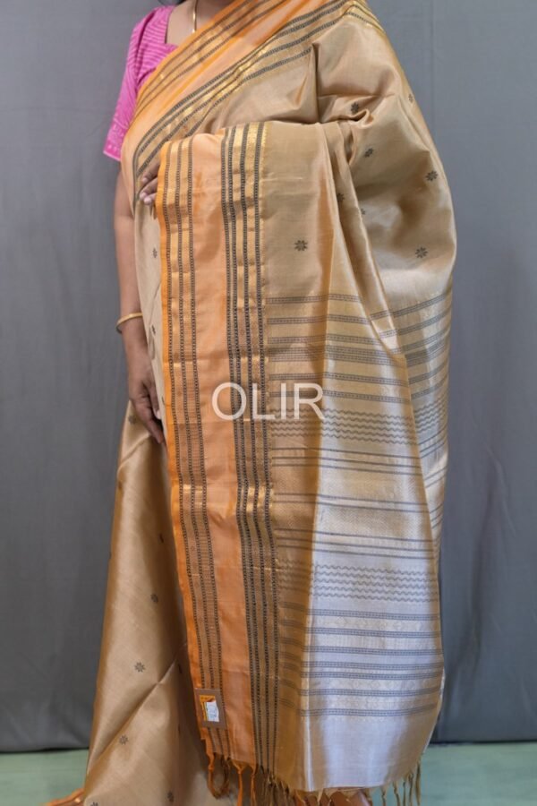 Handwoven Kalakshetra Silk Cotton Saree – Champagne Gold & Peach