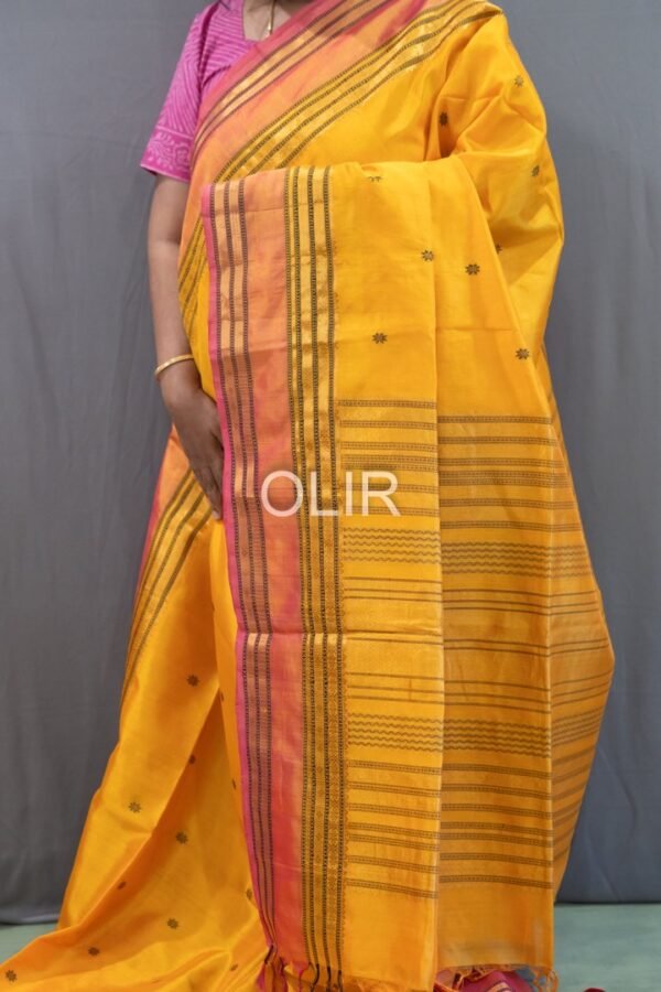Handwoven Kalakshetra Silk Cotton Saree – Golden Yellow & Peach