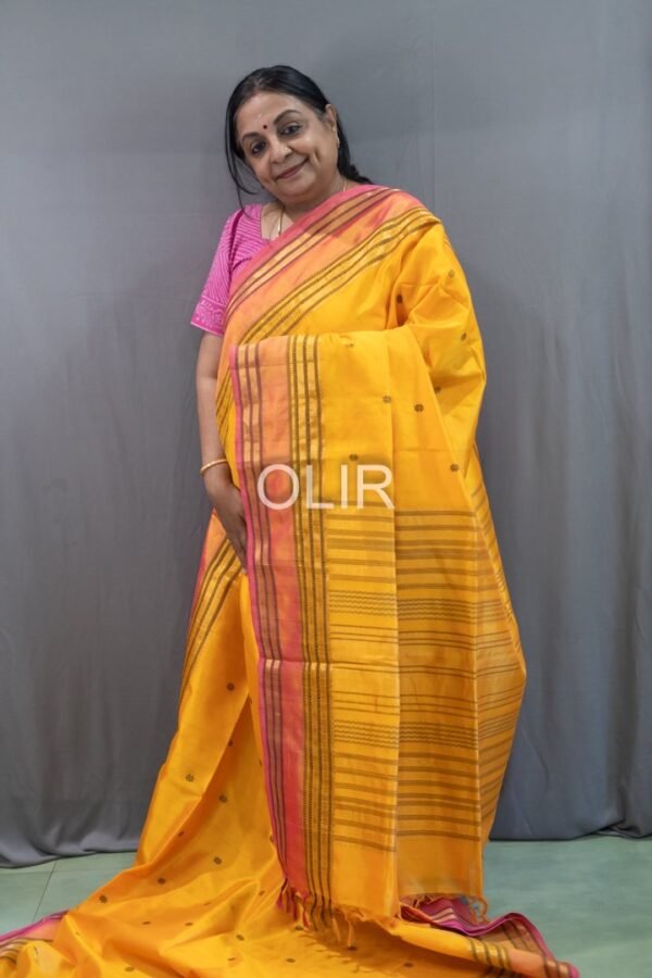 Handwoven Kalakshetra Silk Cotton Saree – Golden Yellow & Peach