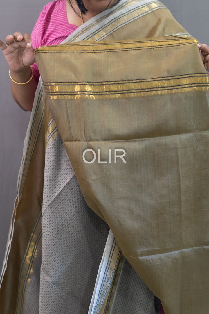 Handwoven Kalakshetra Silk Cotton Saree – Dove Grey & Antique Gold - Image 3