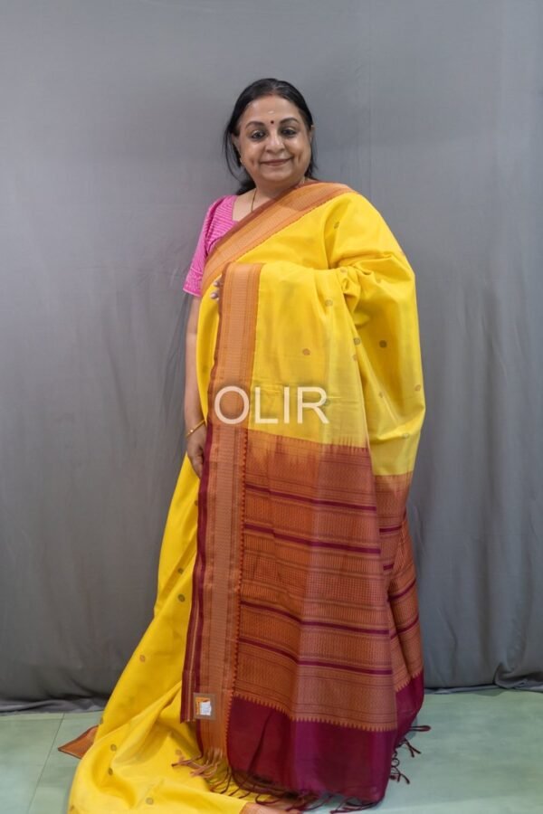Handwoven Kalakshetra Silk Cotton Saree – Lemon Yellow & Maroon
