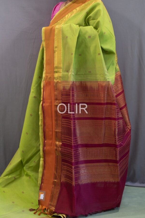 Handwoven Kalakshetra Silk Cotton Saree – Parrot Green & Maroon