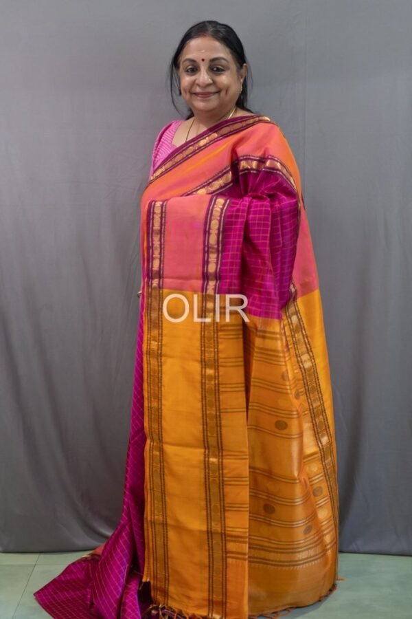 Handwoven Kalakshetra Silk Cotton Saree – Coral Pink & Mustard Gold