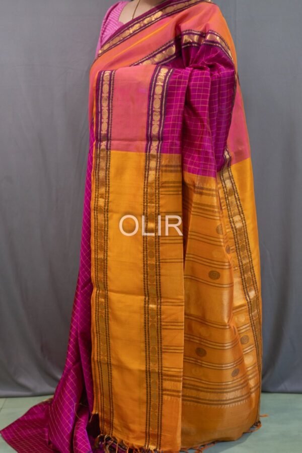 Handwoven Kalakshetra Silk Cotton Saree – Coral Pink & Mustard Gold