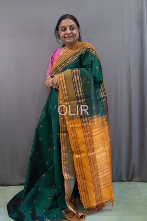 Handwoven Kalakshetra Silk Cotton Saree – Dark Green & Mustard Gold