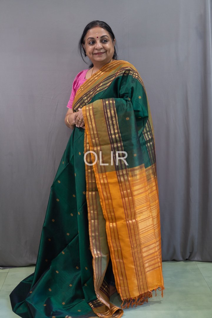 Handwoven Kalakshetra Silk Cotton Saree – Dark Green & Mustard Gold