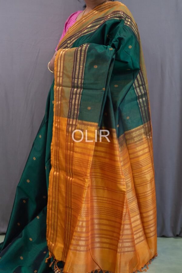 Handwoven Kalakshetra Silk Cotton Saree – Dark Green & Mustard Gold