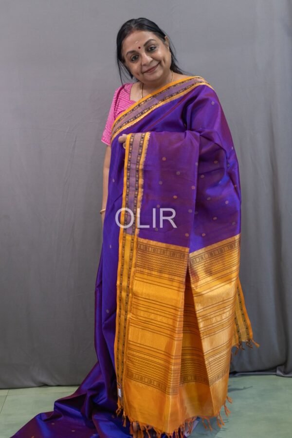 Handwoven Kalakshetra Silk Cotton Saree – Violet Blue Double Shade & Mustard Gold