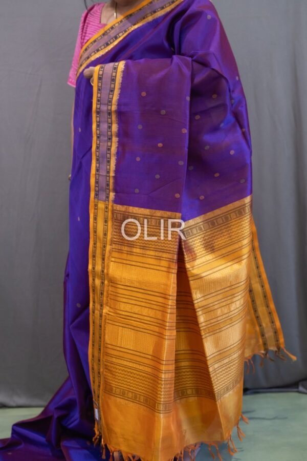 Handwoven Kalakshetra Silk Cotton Saree – Violet Blue Double Shade & Mustard Gold
