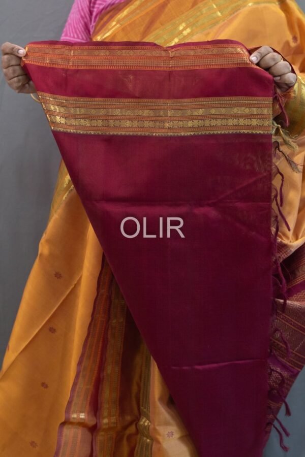 Handwoven Kalakshetra Silk Cotton Saree – Honey Gold & Maroon