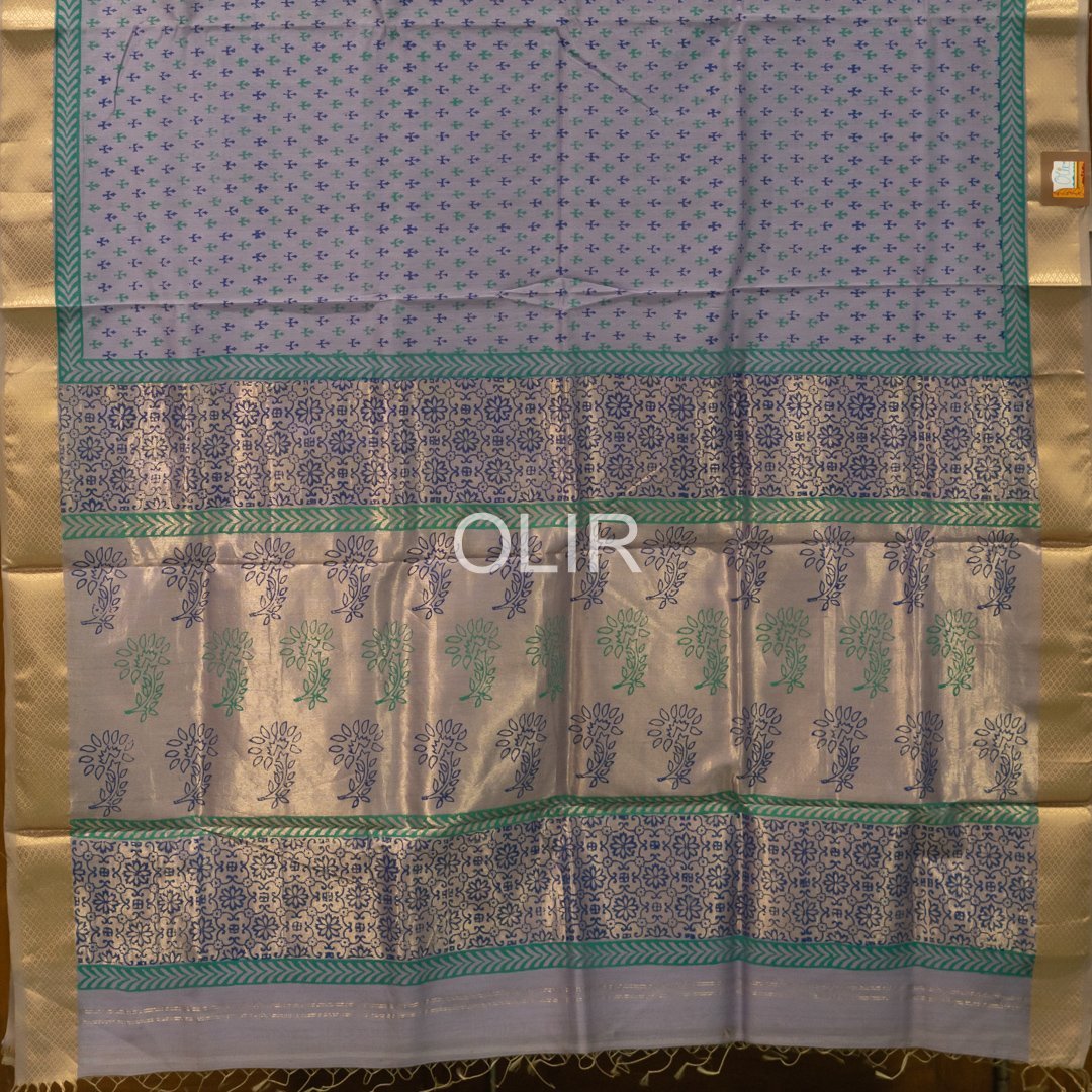 Lavender Handblock Print Saree with Tissue Pallu - Image 2