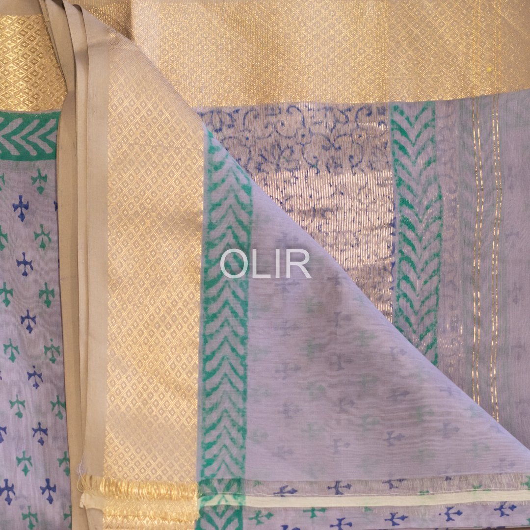 Lavender Handblock Print Saree with Tissue Pallu - Image 3