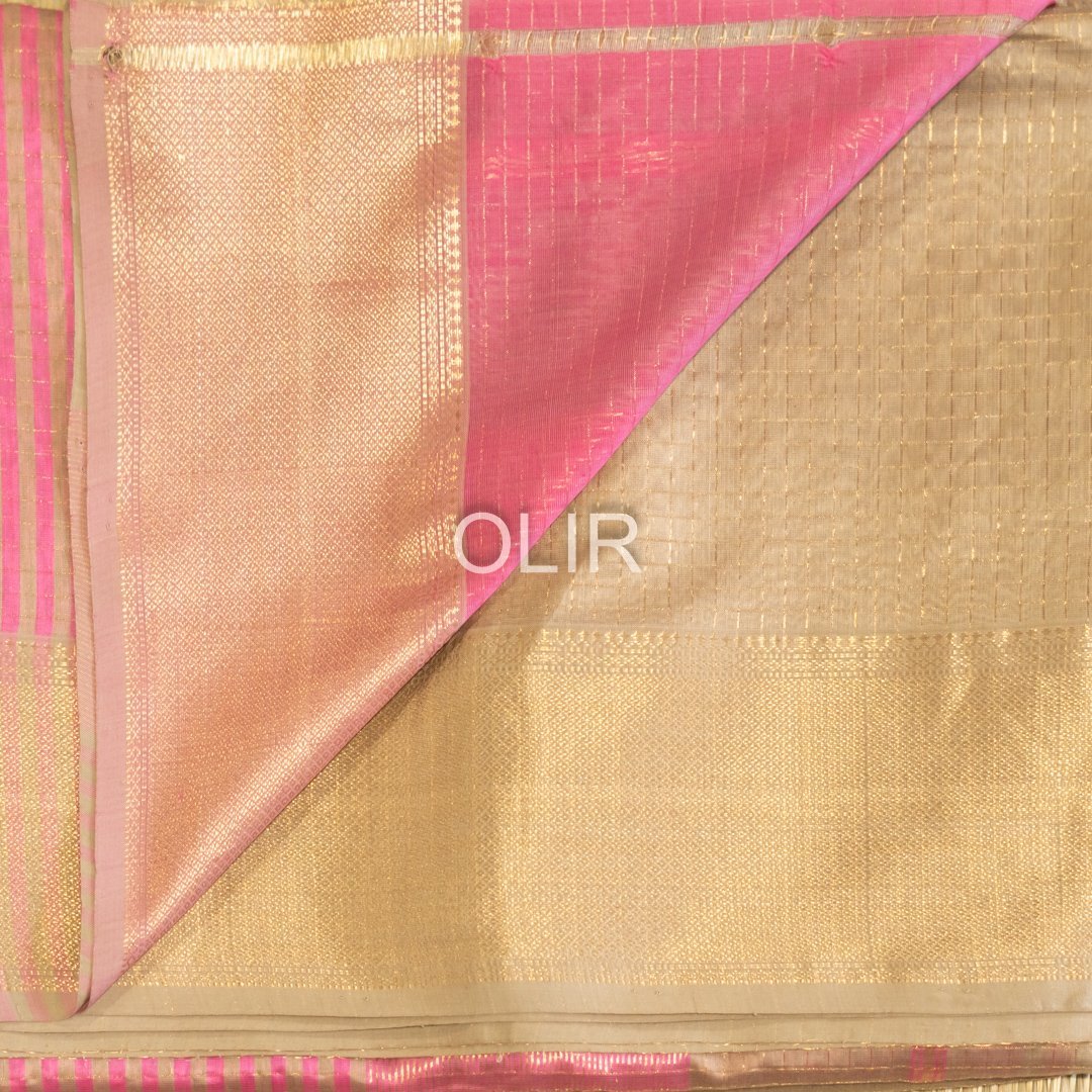 Tussar Kota Checks Saree with Rose Pink Pallu - Image 3