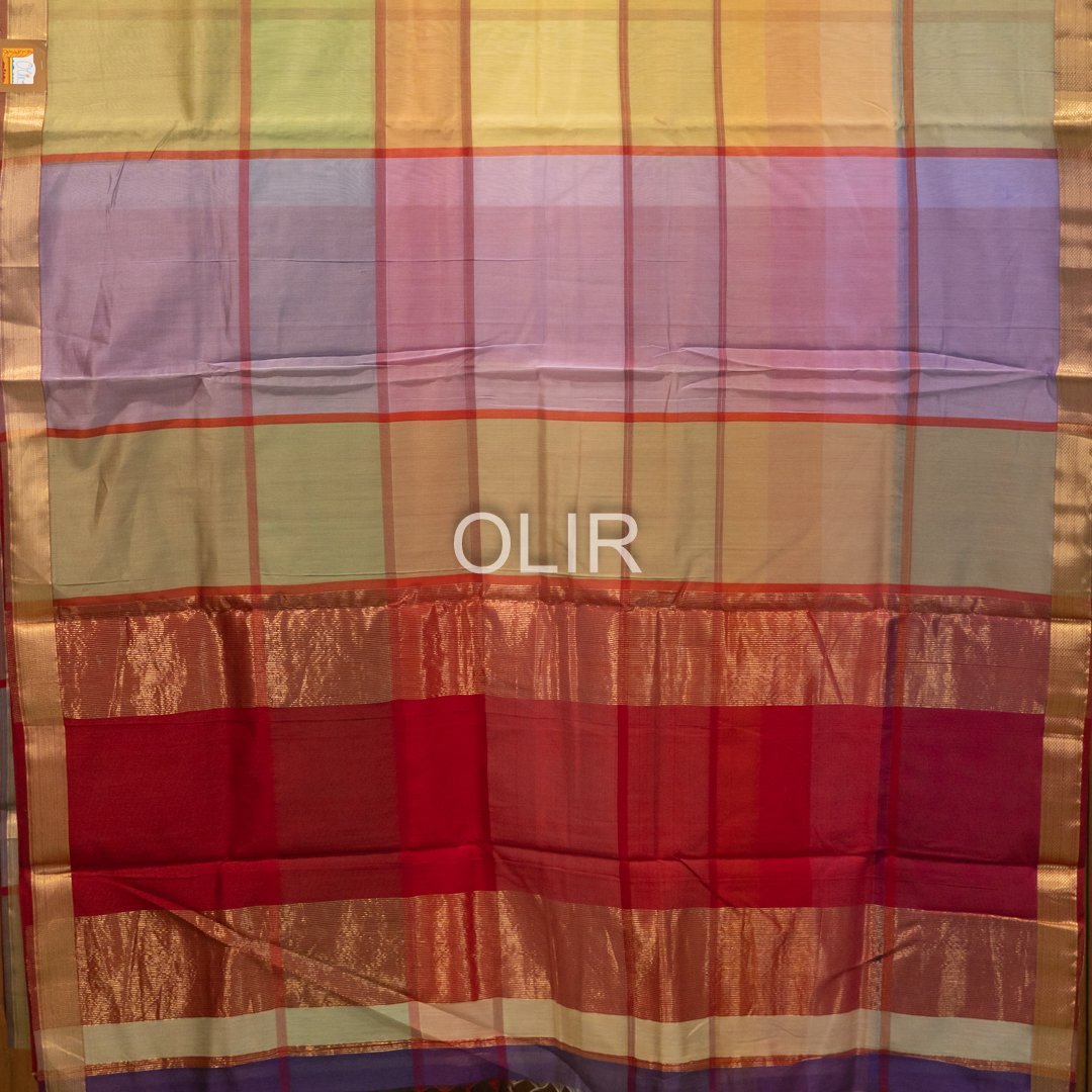 Multicolor Checks Maheshwari Saree with Red Pallu - Image 2