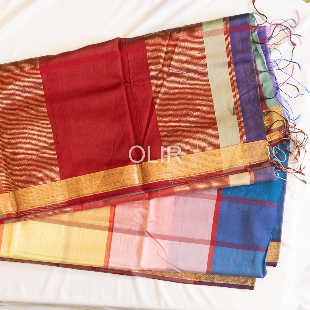 Multicolor Checks Maheshwari Saree with Red Pallu - Image 3