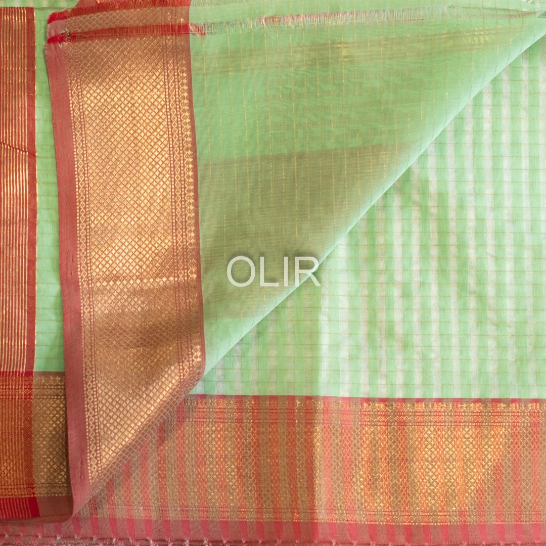 Mint Green Kota Checks Saree with Red Pallu - Image 3
