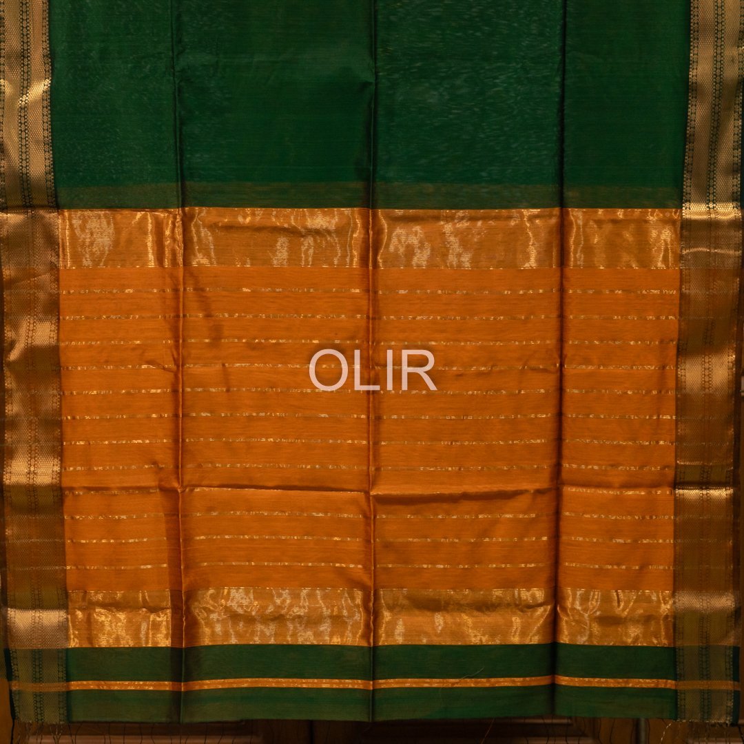 Dark Green Double Border Saree with Orange Pallu - Image 2