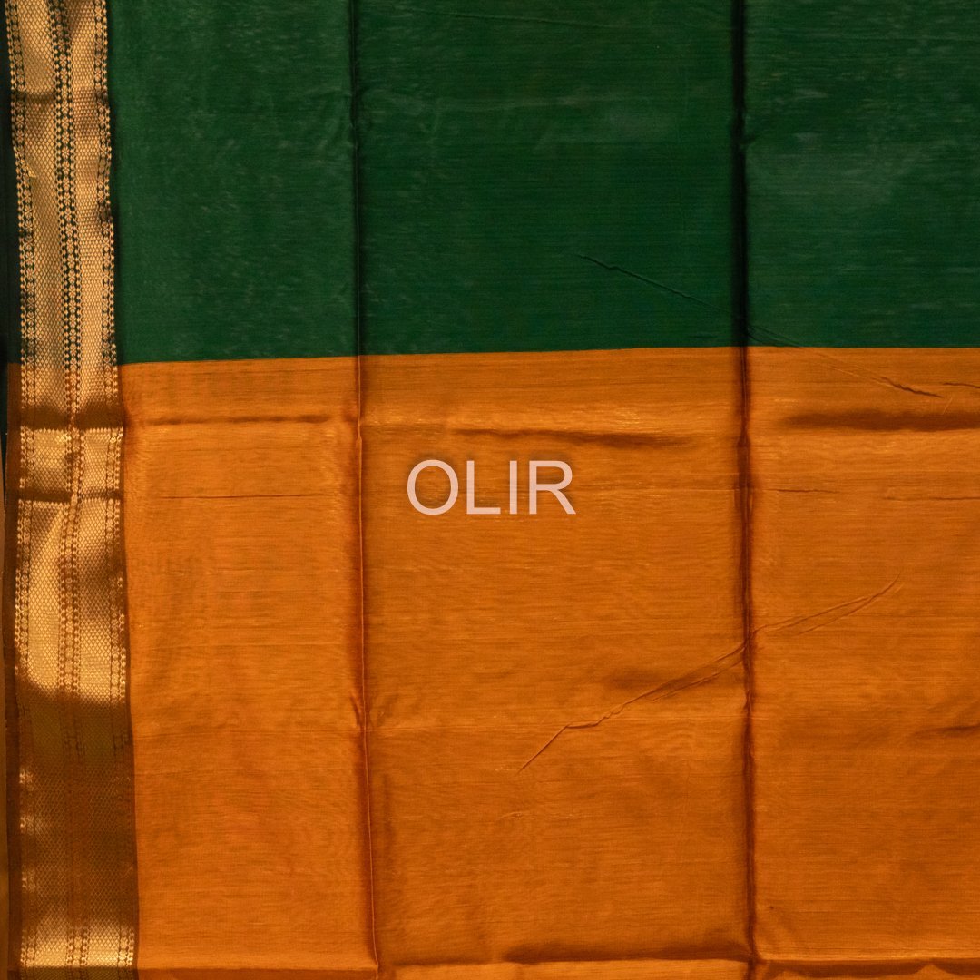 Dark Green Double Border Saree with Orange Pallu - Image 3