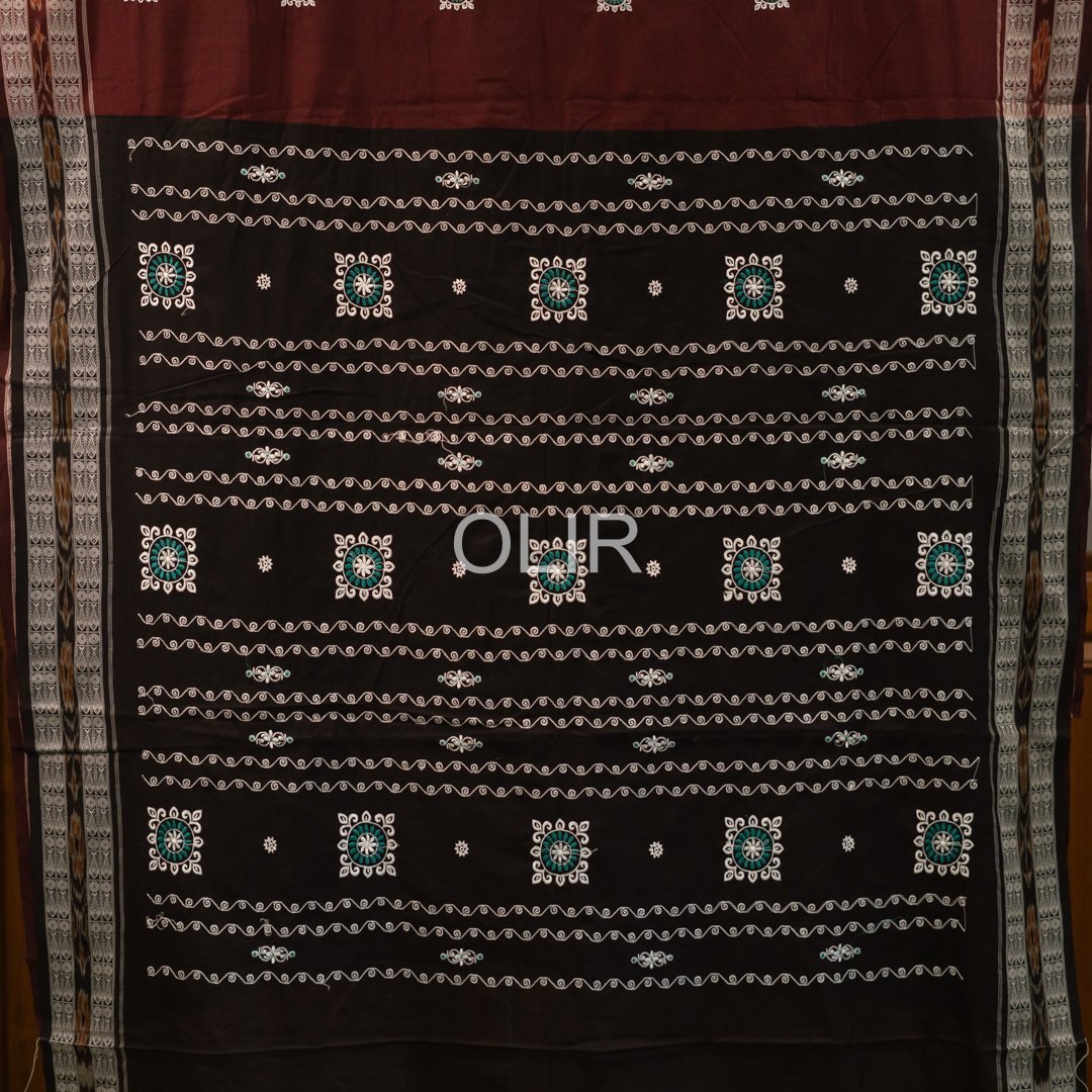 Maroon & Black Sambalpuri Bomkai Saree with White thread embroidered motifs - Image 3